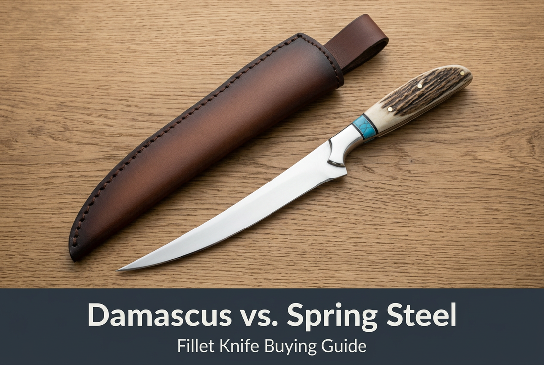AI-styled spring steel stag-handle fillet knife and sheath, with comparison heading below the product