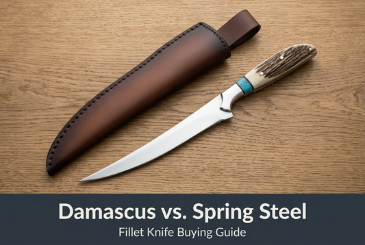 AI-styled spring steel stag-handle fillet knife and sheath, with comparison heading below the product