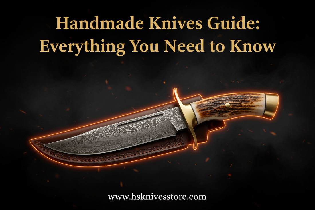 Handmade Knives Guide Everything You Need to Know — Hand-Forged Damascus Bowie Knife with Stag Antler Handle and Leather Sheath | HS Knives Store