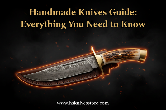 Handmade Knives Guide Everything You Need to Know — Hand-Forged Damascus Bowie Knife with Stag Antler Handle and Leather Sheath | HS Knives Store
