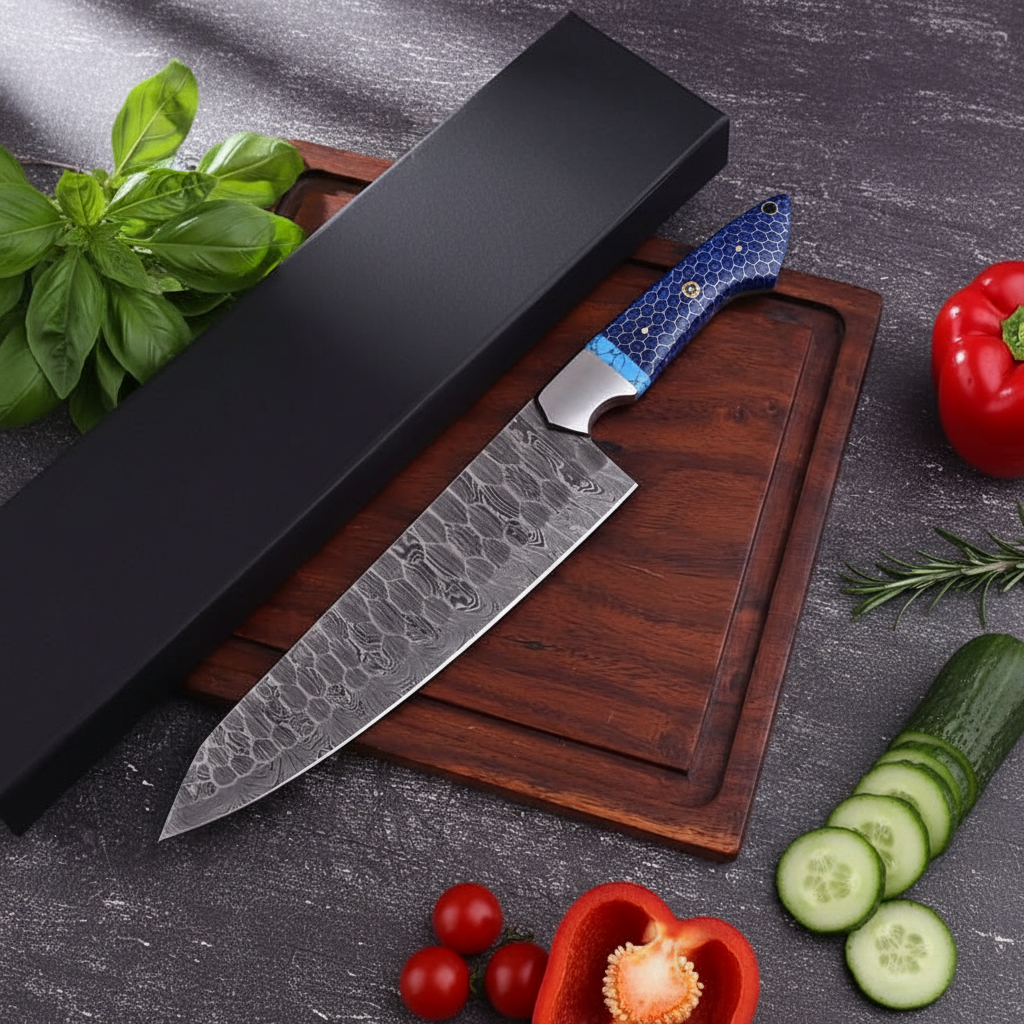 Handmade Damascus Chef Knife Blue Honeycomb Handle — HS Knives Store www.hsknivesstore.com