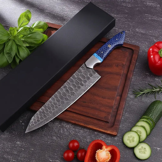 Handmade Damascus Chef Knife Blue Honeycomb Handle — HS Knives Store www.hsknivesstore.com