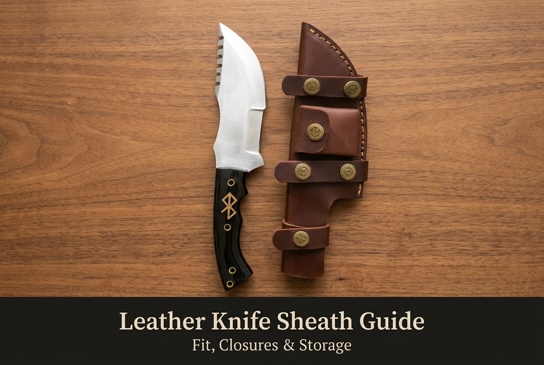 AI-styled D2 tracker knife and brown sheath above a separate Leather Knife Sheath Guide heading