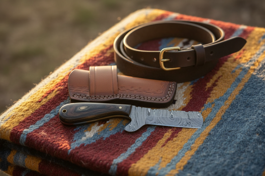 cowboy lifestyle image based on the Pakkawood Handle Damascus Bull Cutter Knife with leather sheath