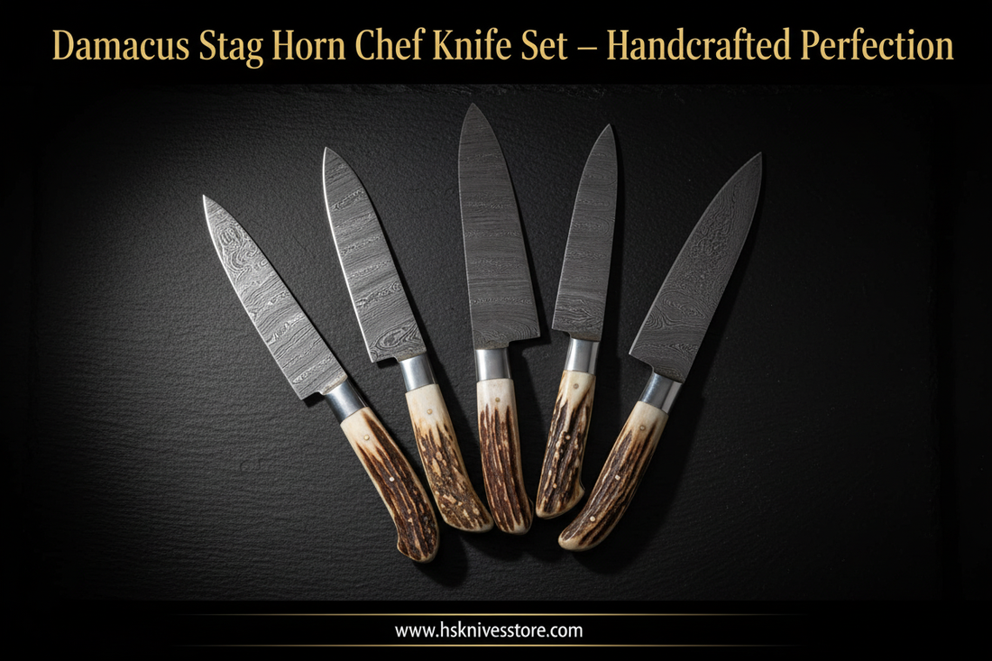 Damascus Stag Horn Kitchen Knife Set: Handcrafted Perfection for the Modern Chef