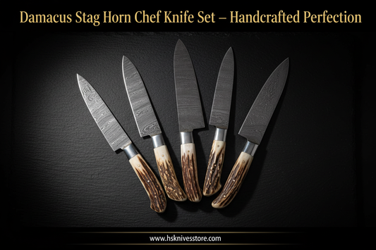 Damascus Stag Horn Kitchen Knife Set: Handcrafted Perfection for the Modern Chef