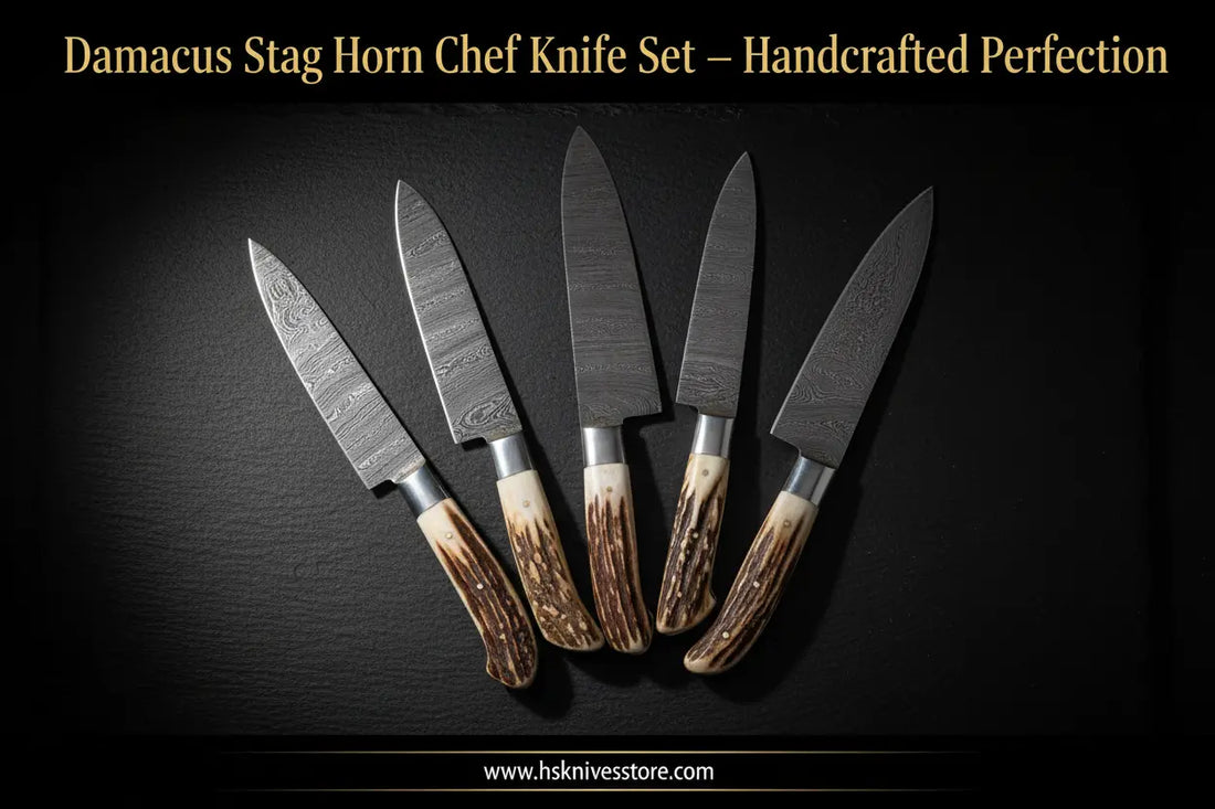 Damascus Stag Horn Kitchen Knife Set: Handcrafted Perfection for the Modern Chef HS Knives Store