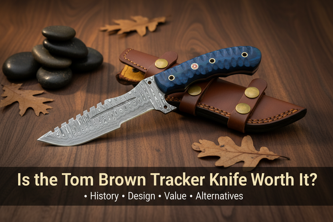 Blue Pakkawood Damascus Tracker Knife with leather sheath and blog title banner