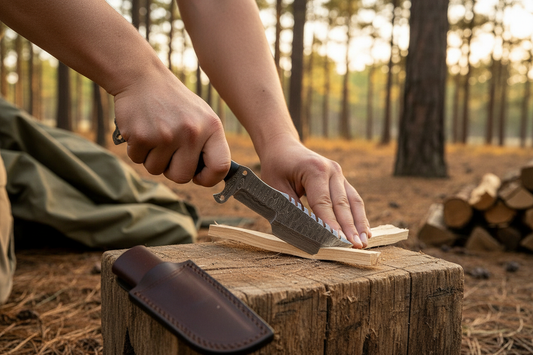 Tracker knife being used for safe outdoor kindling cutting at a forest campsite