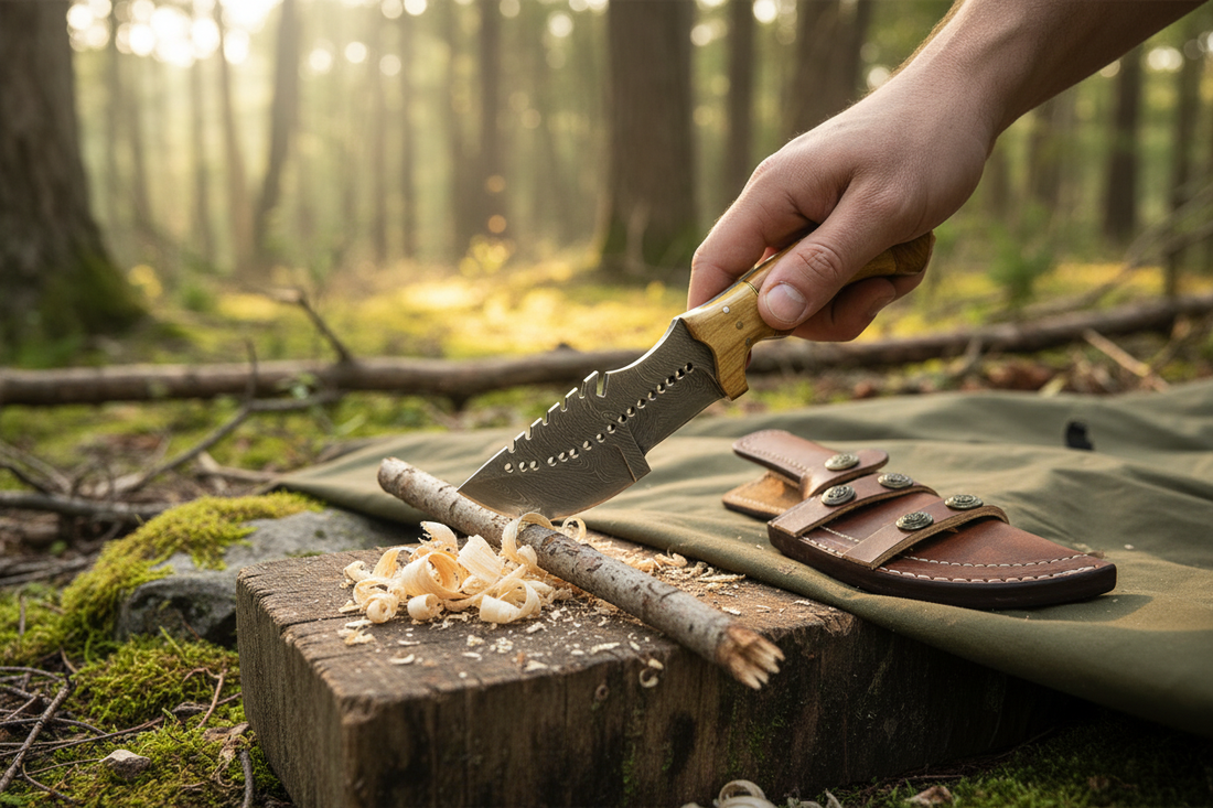 Lifestyle action image based on the uploaded knife being used to shave a small branch on a stable outdoor chopping block
