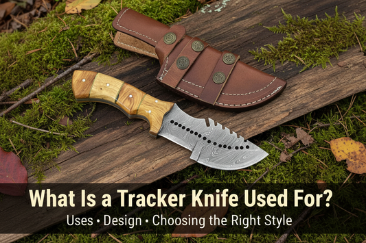 Damascus Tracker Knife with wood handle and leather sheath outdoors with blog title banner