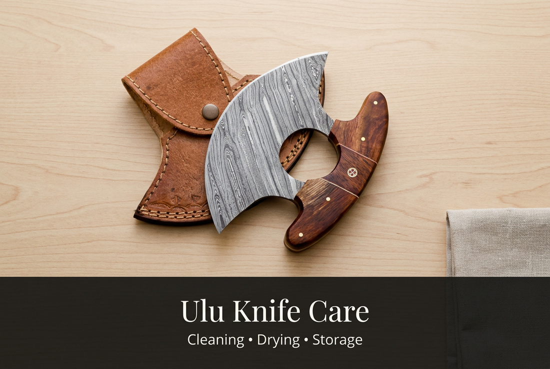 Ulu Knife Care banner with fully visible ulu knife and sheath above a separate lower heading strip
