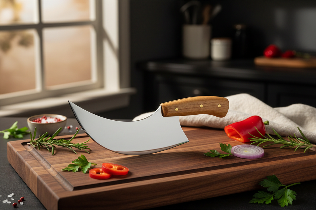 AI-generated editorial image of a curved ulu kitchen knife on a walnut cutting board with fresh herbs and vegetables