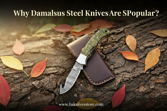 Why Damascus Steel Knives Are So Popular — Handmade Damascus Folding Knife with Woven Composite Handle and Leather Sheath on Autumn Bark | HS Knives Store