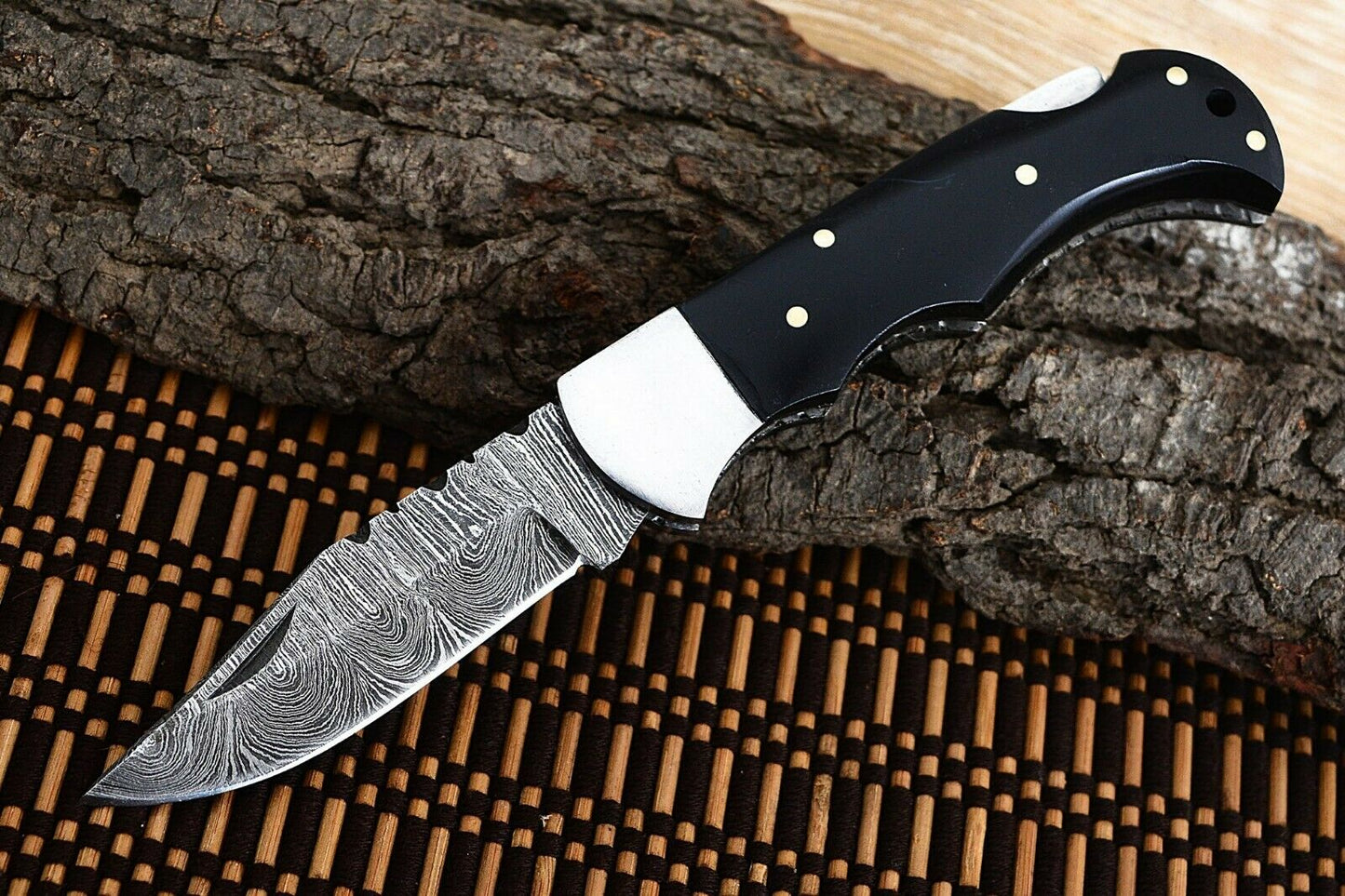 Custom Handmade Damascus Steel Back-Lock Pocket | Folding Knife | Leather Sheath- Black Sheet Handle