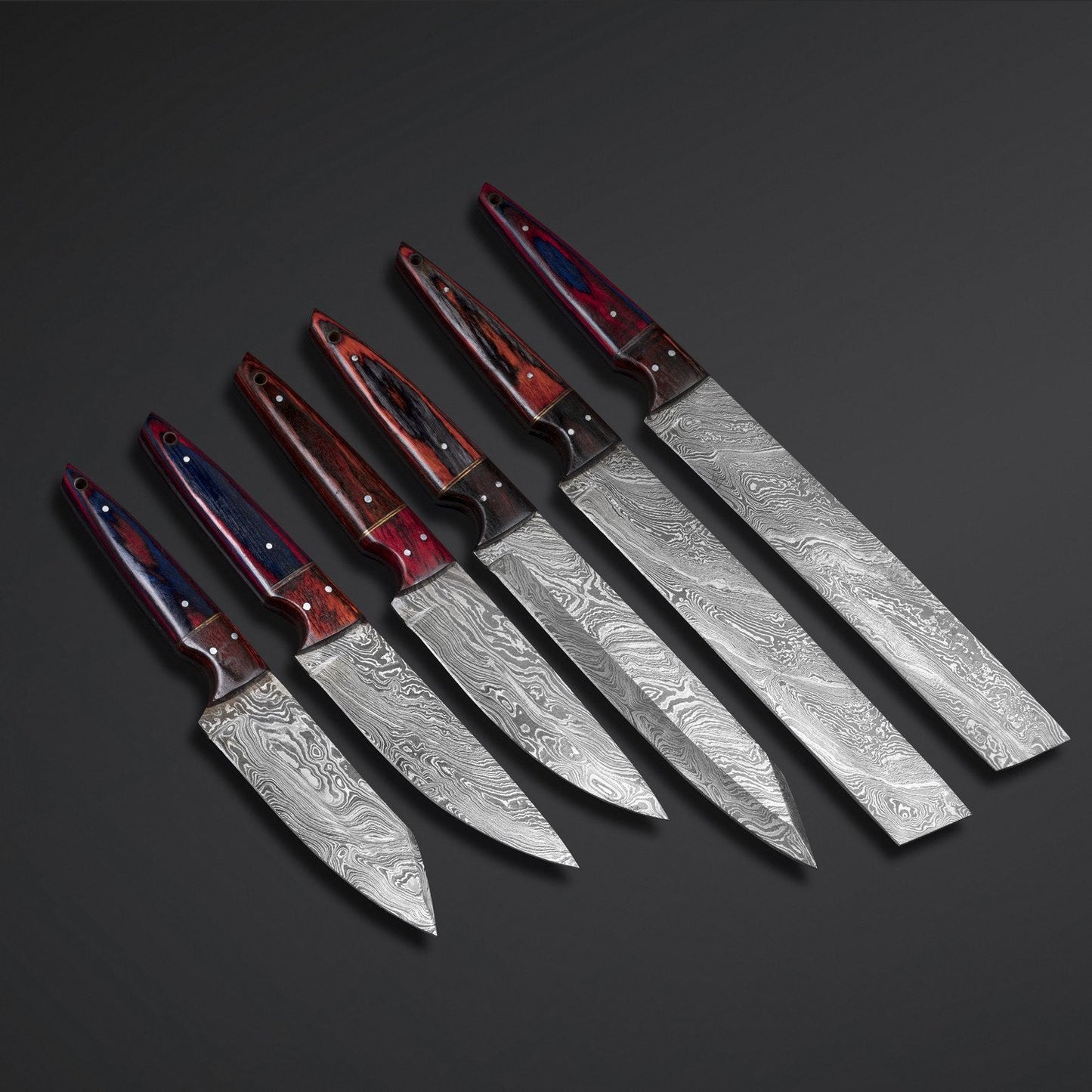 HS-210 Custom Handmade Damascus KItchen-Chef Knives Set Lot Of Six Pecs With Wood Handle