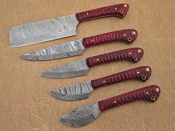 HS-252 Custom Handmade Damascus Kitchen-Chef Knives Set Lot Of 5 Pecs With Hard Wood  Handle