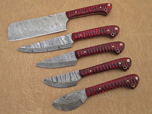 HS-252 Custom Handmade Damascus Kitchen-Chef Knives Set Lot Of 5 Pecs With Hard Wood  Handle