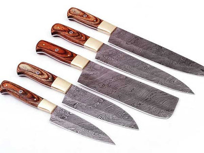 HS-250 Custom Handmade Damascus Kitchen-Chef Knives Set Lot Of Five Pecs With Hard Wood Handle
