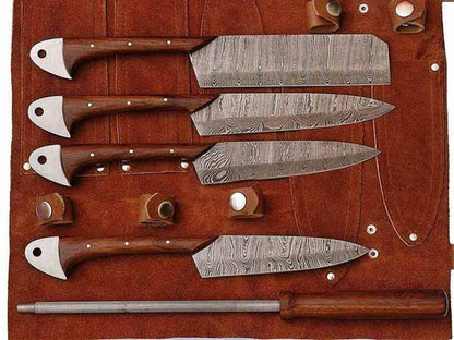 HS-254 Custom Handmade Damascus Kitchen-Chef Knives Set Lot Of 5 Pecs With Wood Handle