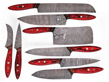 HS-248 Custom Handmade Damascus Kitchen-Chef Knives Set Lot Of 8 Pecs With Hard Wood Handle