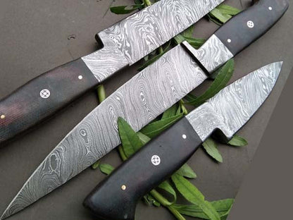 HS-253 Custom Handmade Damascus Kitchen-Chef Knives Set Lot Of 3 Pecs With Buffalo Horn Handle
