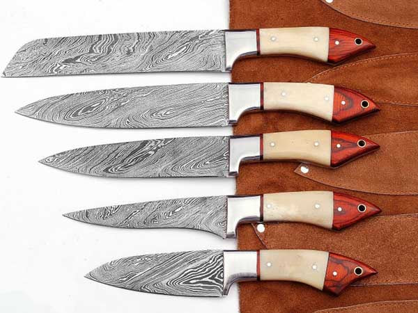 HS-244 Custom Handmade Damascus Kitchen-Chef Knives Set Lot Of Five Pecs With Stag Horn Handle