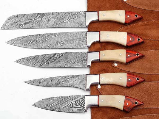 HS-244 Custom Handmade Damascus Kitchen-Chef Knives Set Lot Of Five Pecs With Stag Horn Handle