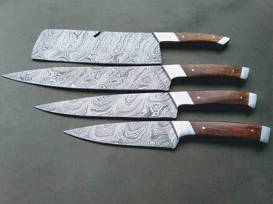 HS-234 Custom Handmade Damascus KItchen-Chef Knives Set Lot Of Four Pecs With Wood Handle