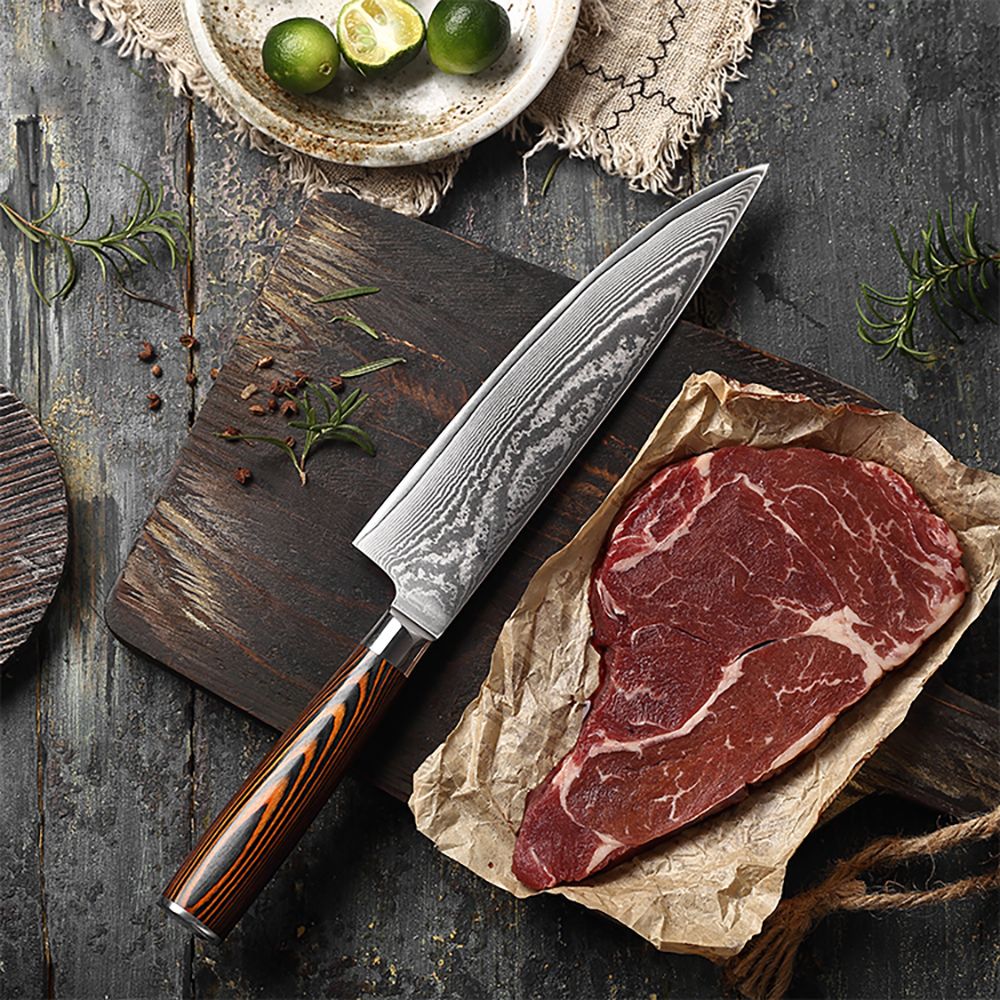HS-175 Custom Handmade Damascus Six Pecs Kitchen/Chef Knives - Hard Wood Handle
