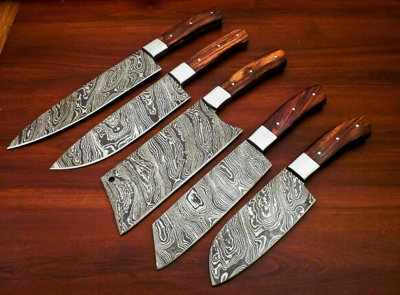 HS-157 Custom Handmade Damascus Five Pecs Kitchen/Chef Knives Set- Rose Handle - Best Price
