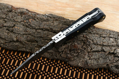 Custom Handmade Damascus Steel Back-Lock Pocket | Folding Knife | Leather Sheath- Black Sheet Handle