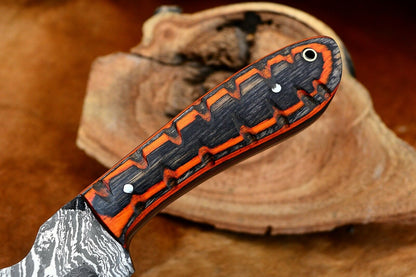 HS-799 Custom Handmade Damascus Skinner Knife With Awesome Black+Orange Hard Wood Handle