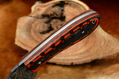 HS-799 Custom Handmade Damascus Skinner Knife With Awesome Black+Orange Hard Wood Handle