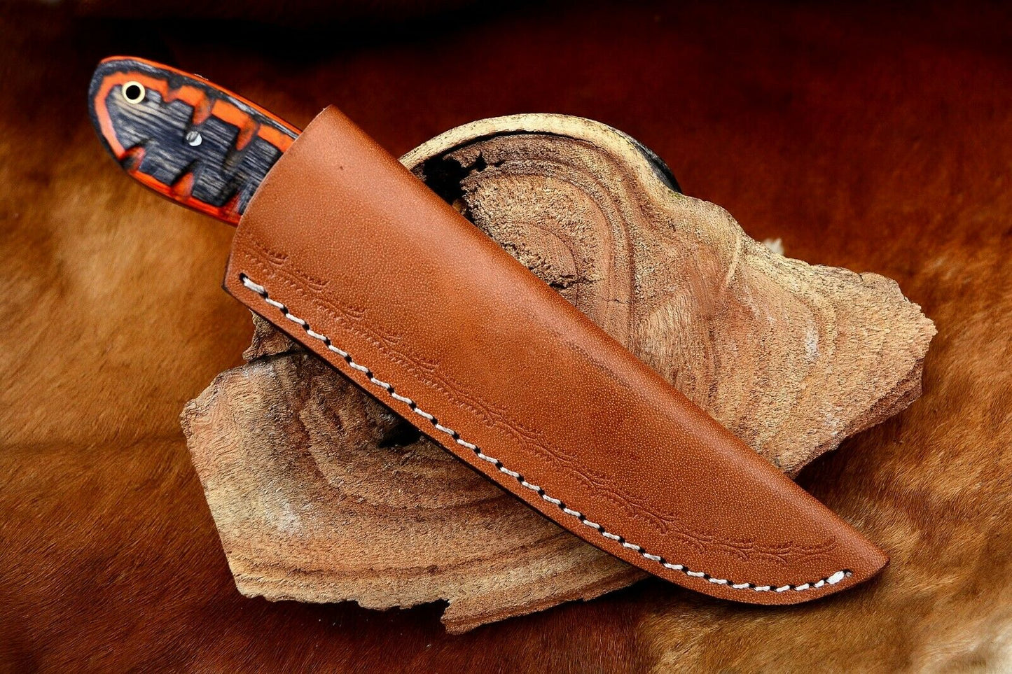 HS-799 Custom Handmade Damascus Skinner Knife With Awesome Black+Orange Hard Wood Handle