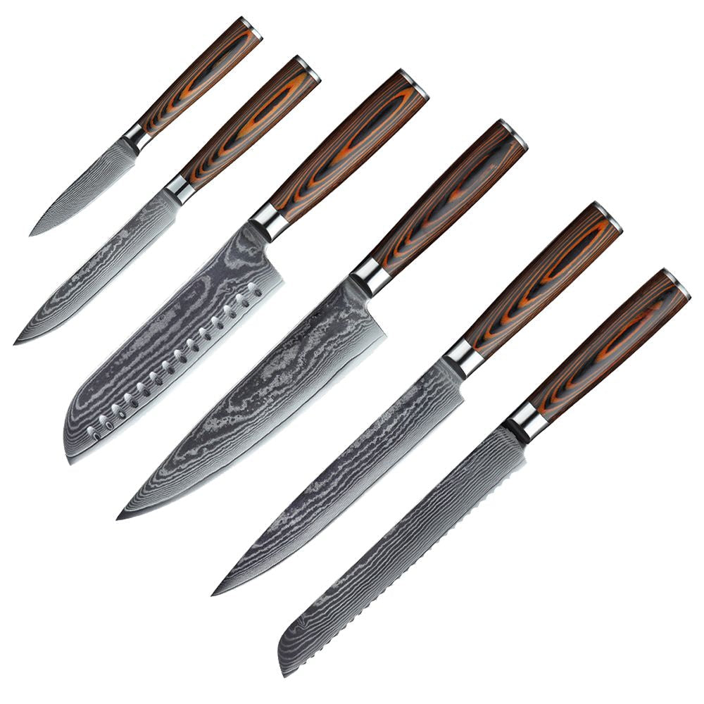HS-175 Custom Handmade Damascus Six Pecs Kitchen/Chef Knives - Hard Wood Handle