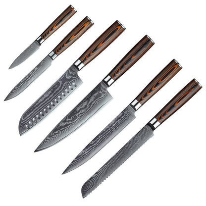 HS-175 Custom Handmade Damascus Six Pecs Kitchen/Chef Knives - Hard Wood Handle