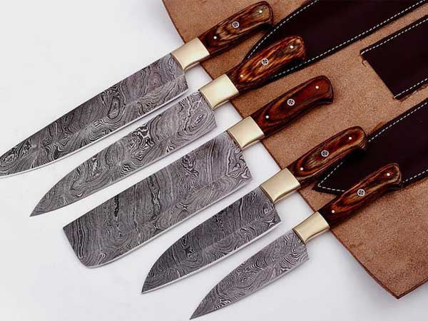 HS-250 Custom Handmade Damascus Kitchen-Chef Knives Set Lot Of Five Pecs With Hard Wood Handle
