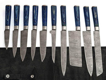 HS-251 Custom Handmade Damascus Kitchen-Chef Knives Set Lot Of Ten Pecs With Hard Wood Handle
