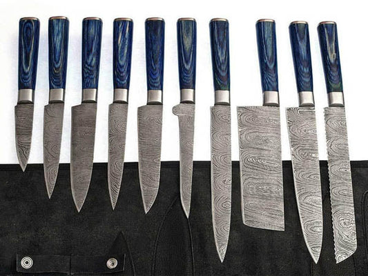 HS-251 Custom Handmade Damascus Kitchen-Chef Knives Set Lot Of Ten Pecs With Hard Wood Handle