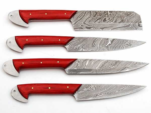 HS-243 Custom Handmade Damascus Kitchen-Chef Knives Set Lot Of Four Pecs With Hard Wood Handle