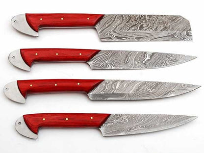 HS-243 Custom Handmade Damascus Kitchen-Chef Knives Set Lot Of Four Pecs With Hard Wood Handle