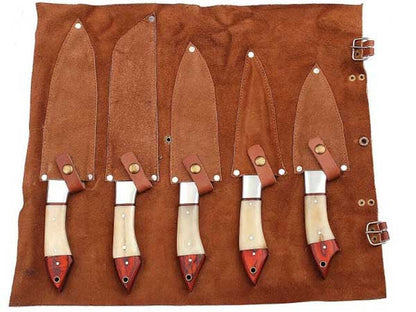 HS-244 Custom Handmade Damascus Kitchen-Chef Knives Set Lot Of Five Pecs With Stag Horn Handle
