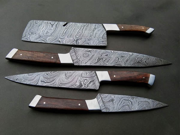 HS-234 Custom Handmade Damascus KItchen-Chef Knives Set Lot Of Four Pecs With Wood Handle