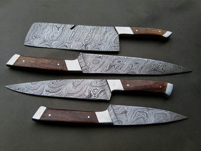 HS-234 Custom Handmade Damascus KItchen-Chef Knives Set Lot Of Four Pecs With Wood Handle