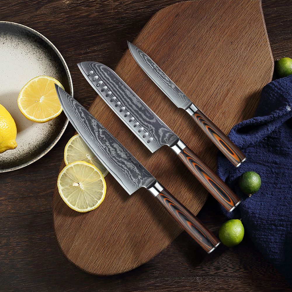 HS-175 Custom Handmade Damascus Six Pecs Kitchen/Chef Knives - Hard Wood Handle