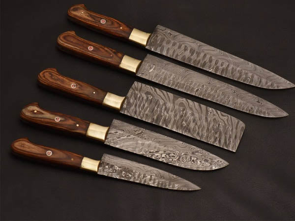 HS-238 Custom Handmade Damascus Kitchen-Chef Knives Set Lot Of Five Pecs With Wood Handle