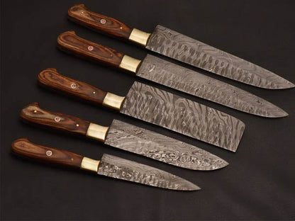 HS-238 Custom Handmade Damascus Kitchen-Chef Knives Set Lot Of Five Pecs With Wood Handle