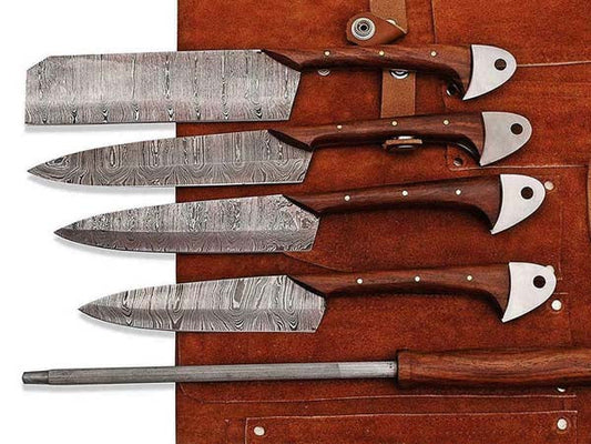 HS-254 Custom Handmade Damascus Kitchen-Chef Knives Set Lot Of 5 Pecs With Wood Handle