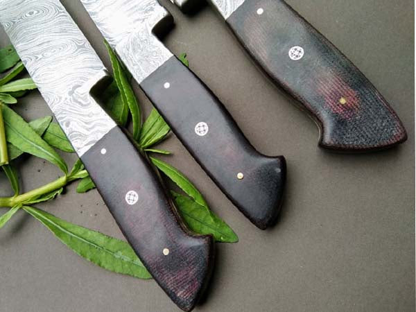 HS-253 Custom Handmade Damascus Kitchen-Chef Knives Set Lot Of 3 Pecs With Buffalo Horn Handle